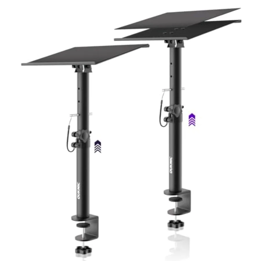 Studio Monitor Stands: Clamp-on Desktop Speaker Stand Pair, Heavy Duty Steel, Black, Height Tilt Adjustable for Universal Music