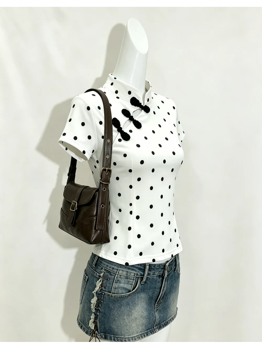 2026 new summer slanted collar Chinese style button up stand collar polka dot short sleeved top trendy spicy girl vacation date