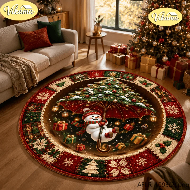 VIKAMA 3D Christmas Wreath Round Rug Quilted Print Round Non Slip Mat For Living Room Bedroom Holiday Illusion Rustic Home Decor