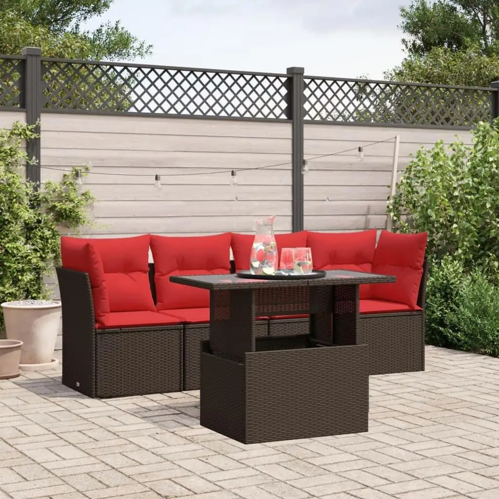 

5 Piece Outdoor Patio Sofa Set with Cushions Brown Rattan Garden Furniture