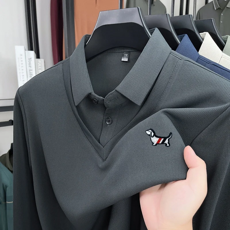 Casual Designer Fashion Men's Lapel Print Polo Shirt Fake Two‑Piece Long Sleeve Original T-Shirt Commuting Versatile Men's Wear