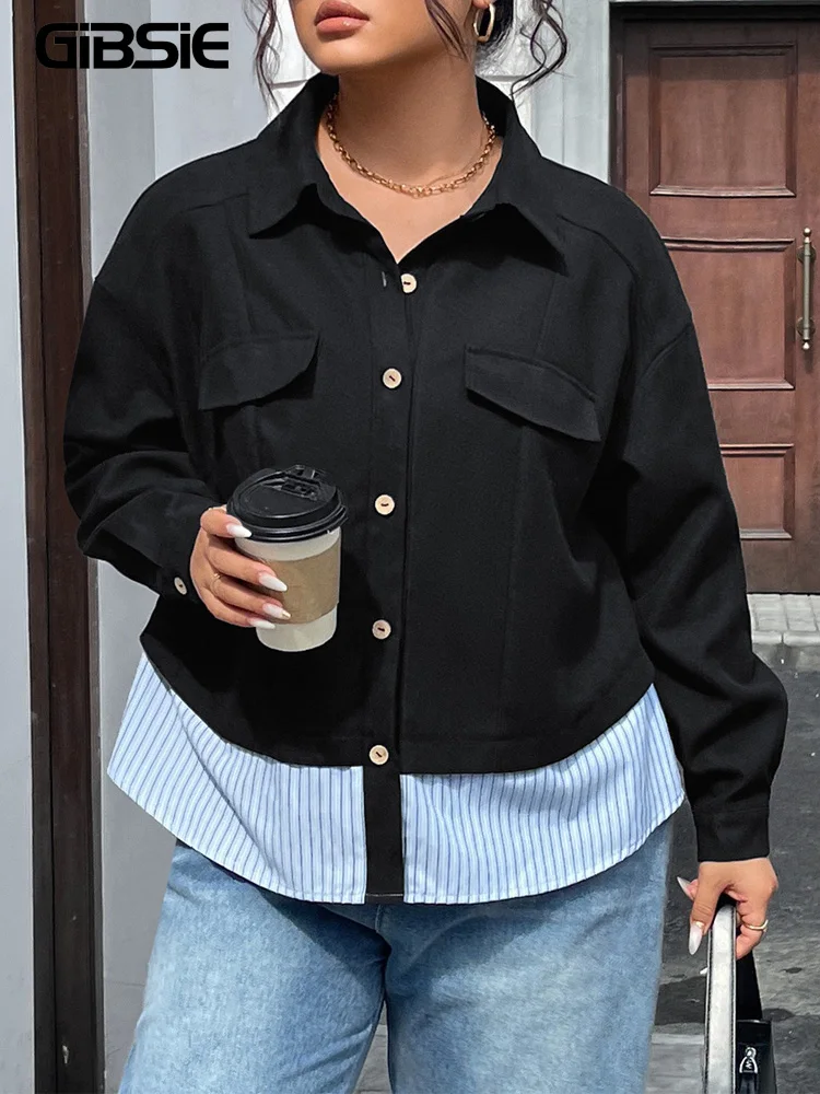 

GIBSIE плюс размер, полосатая рубашка на пуговицах, куртка, женская весенне-осенняя шикарная повседневная верхняя одежда с длинными рукавами, женская