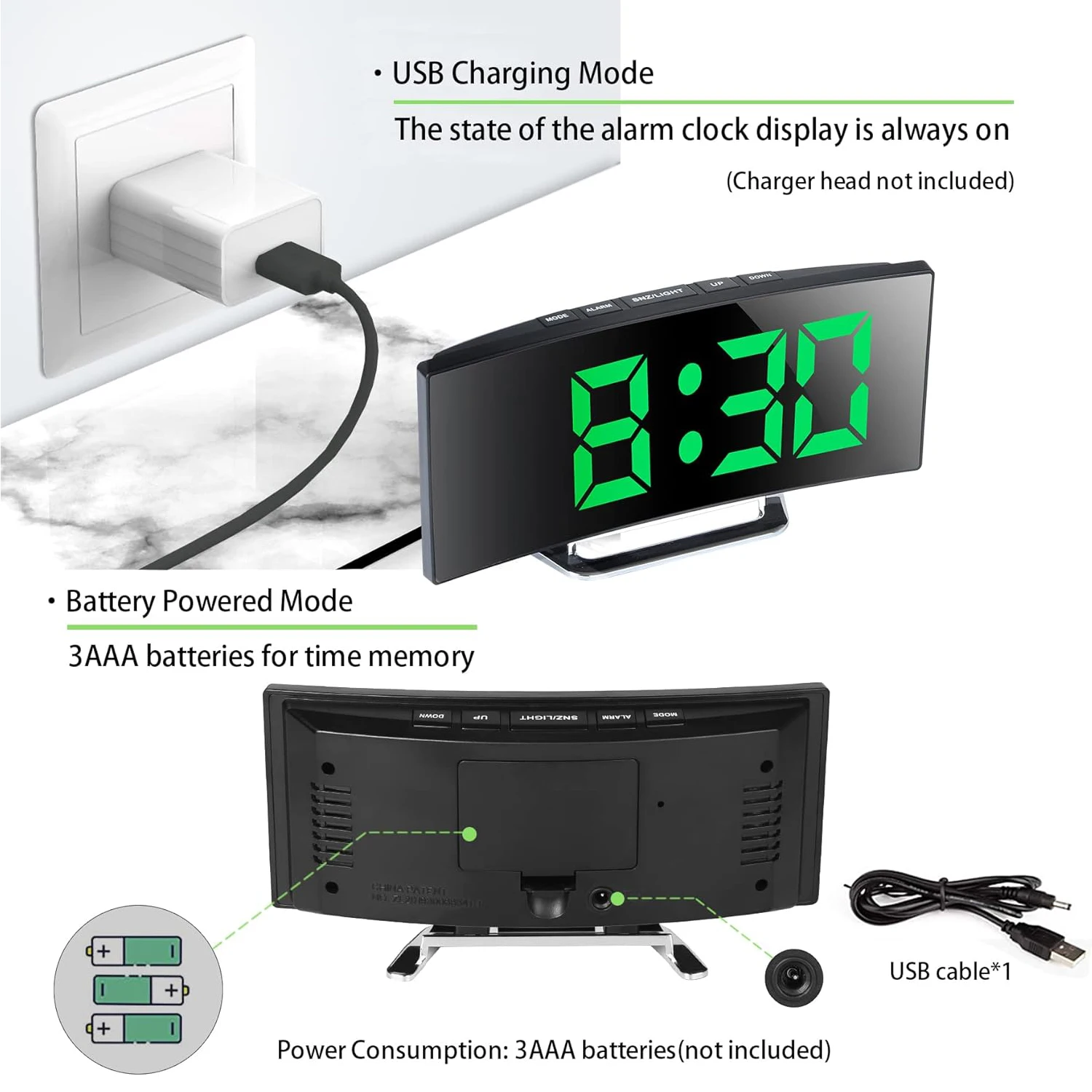 LED Alarm Clock 7'' Mirror Electronic Clock Large Scree Curved Digital Alarm Clock with 5-Min Snooze for Home Bedroom Office