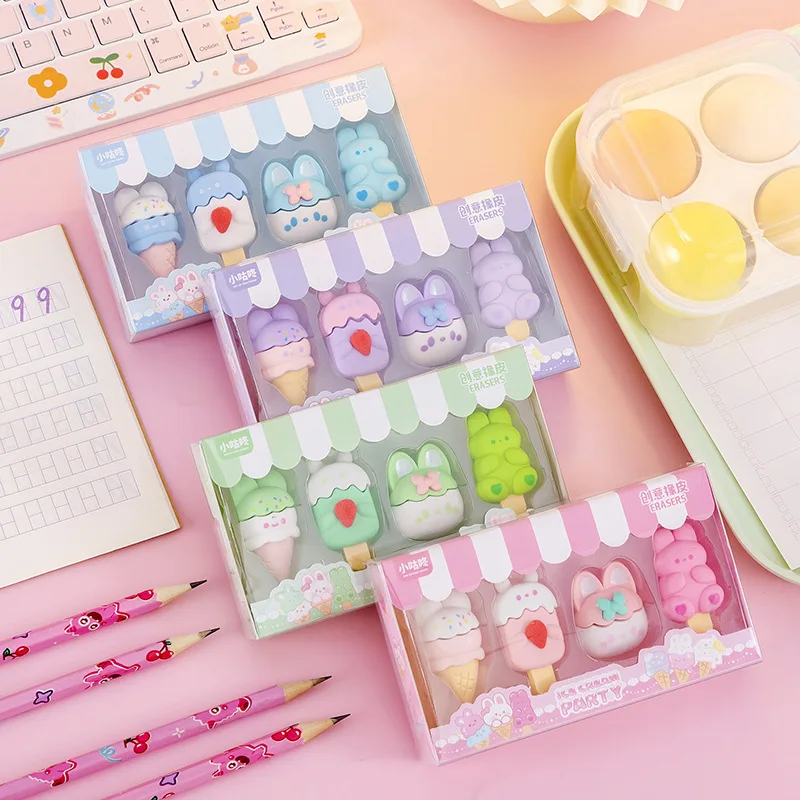 4Pcs/Set Cute Cartoon Girlish Pencil Eraser Kawaii Rabbit Ice Cream Boxed Rubber Student Gift Erasers for Kids Korean Stationery