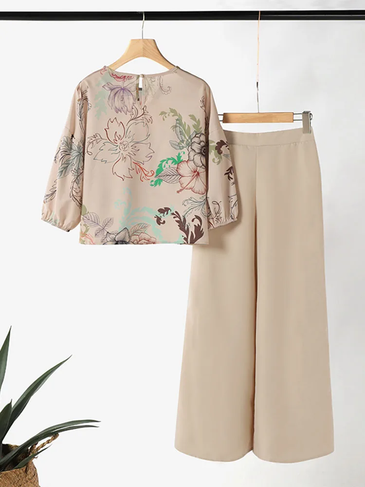 ZANZEA Spring 2pcs Outfits Women Pant Sets 3/4 Sleeve Floral Printed Blouse Loose Trousers Suits Elegant Work Tracksuit Oversize