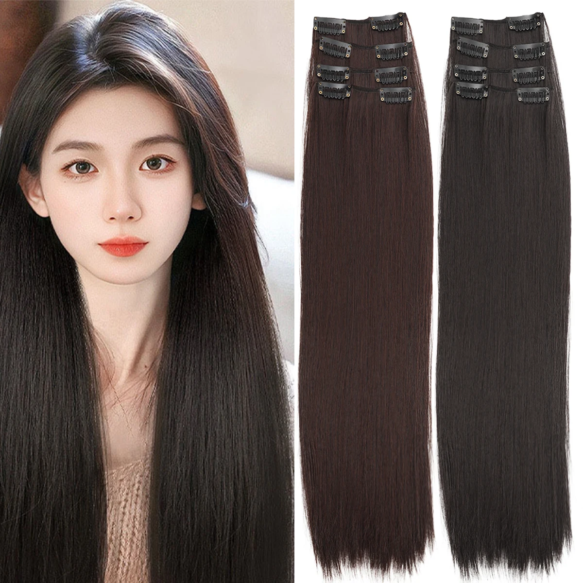 Natuurlijke verbinding synthetisch 4-delig/set lang steil haar pruik vrouwelijk onzichtbare naadloze haarverlenging damescliphaar