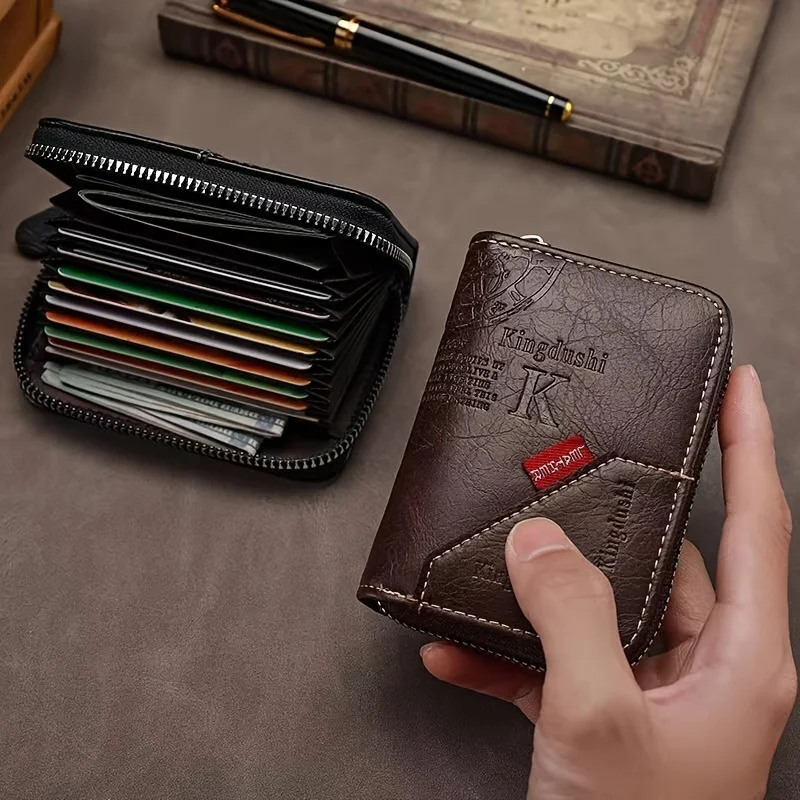 ​​Vintage PU Leather Slim Wallet - Zipper RFID Blocking 11-Slot Card Holder, Retro Style Gift for Men & Women, Classic Design​