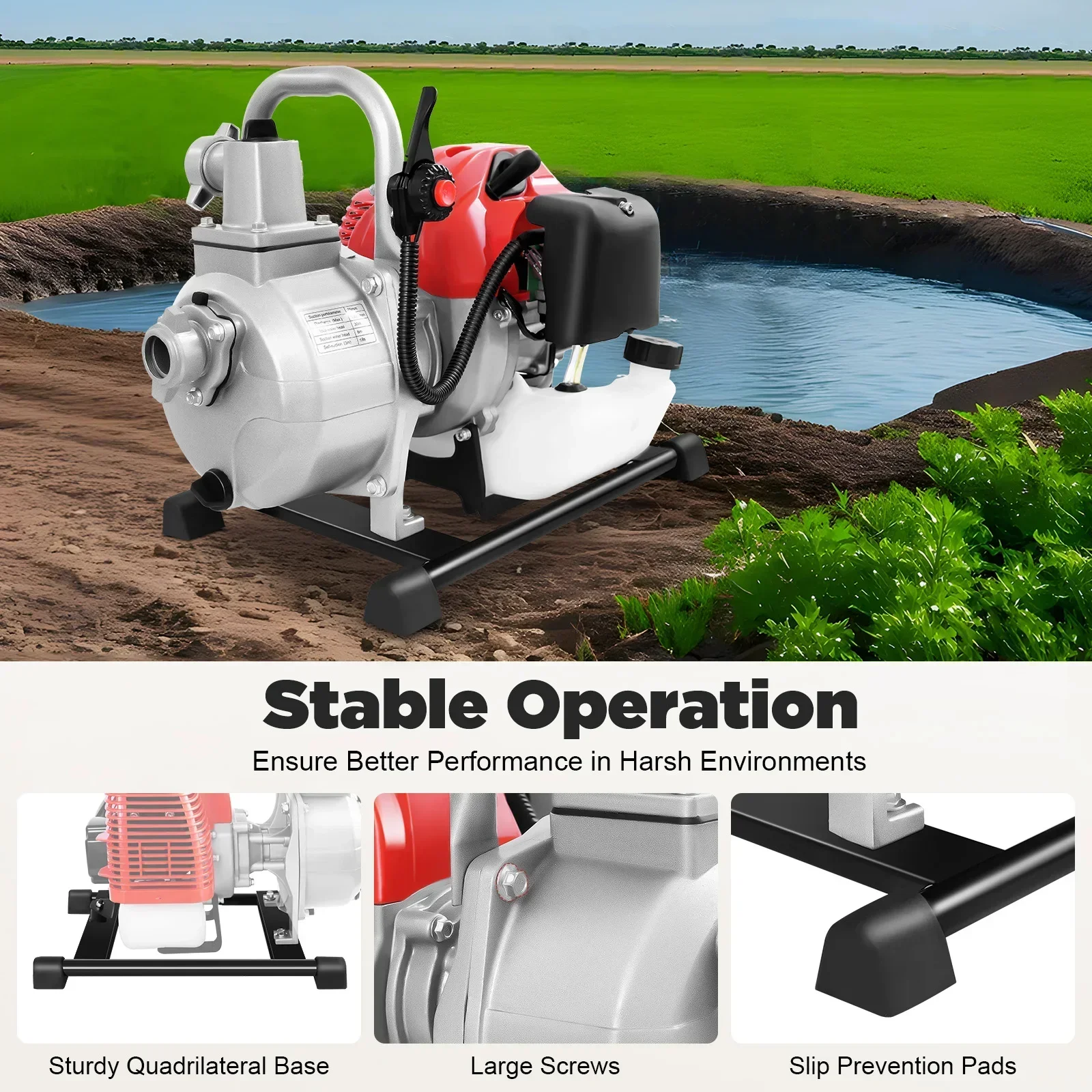 

1 Inch 2-Stroke Gas Water Pump, 1.25KW Power, 30m Delivery Head, 8m Suction Height, 8100L/h Flow