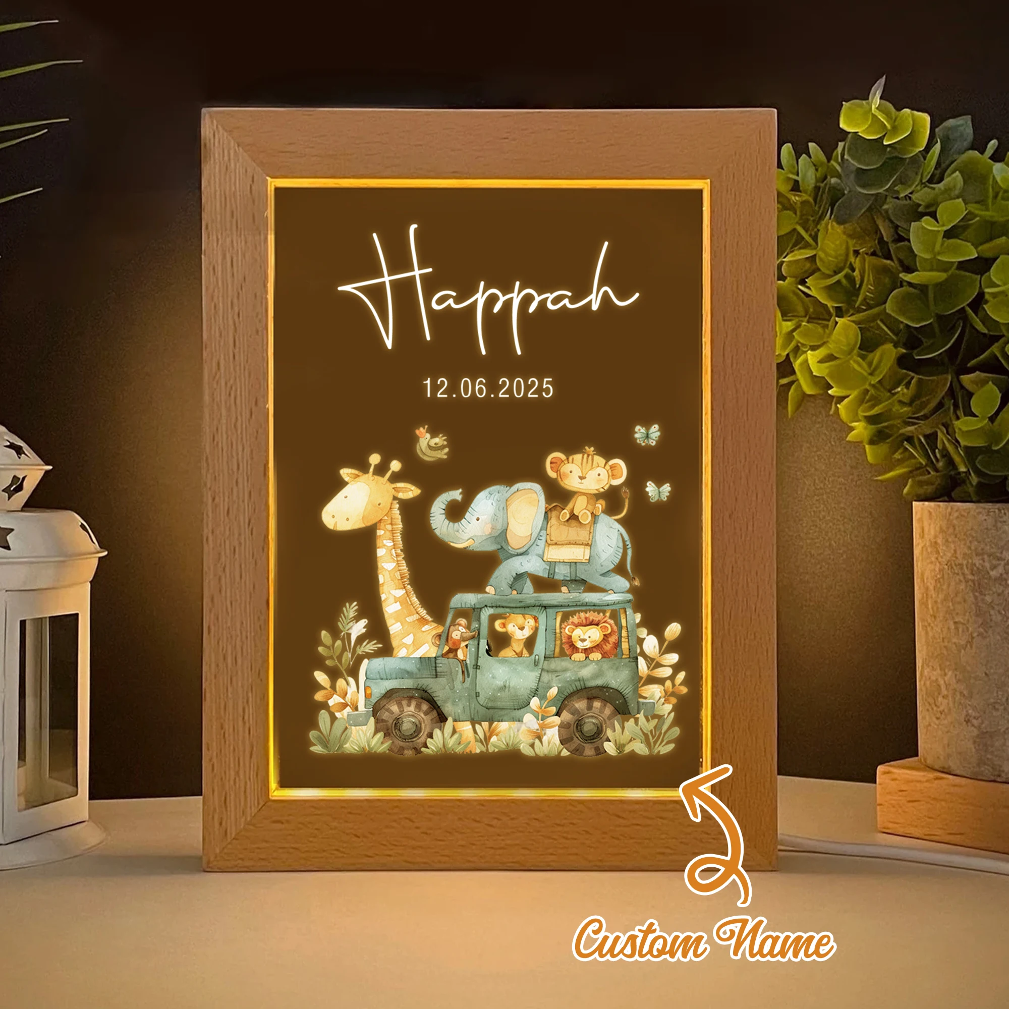 Cadre Photo personnalisé avec nom d'animal de la Jungle, vue nocturne LED, cadeau personnalisé, salon familial, chambre à coucher, salle à manger, maison