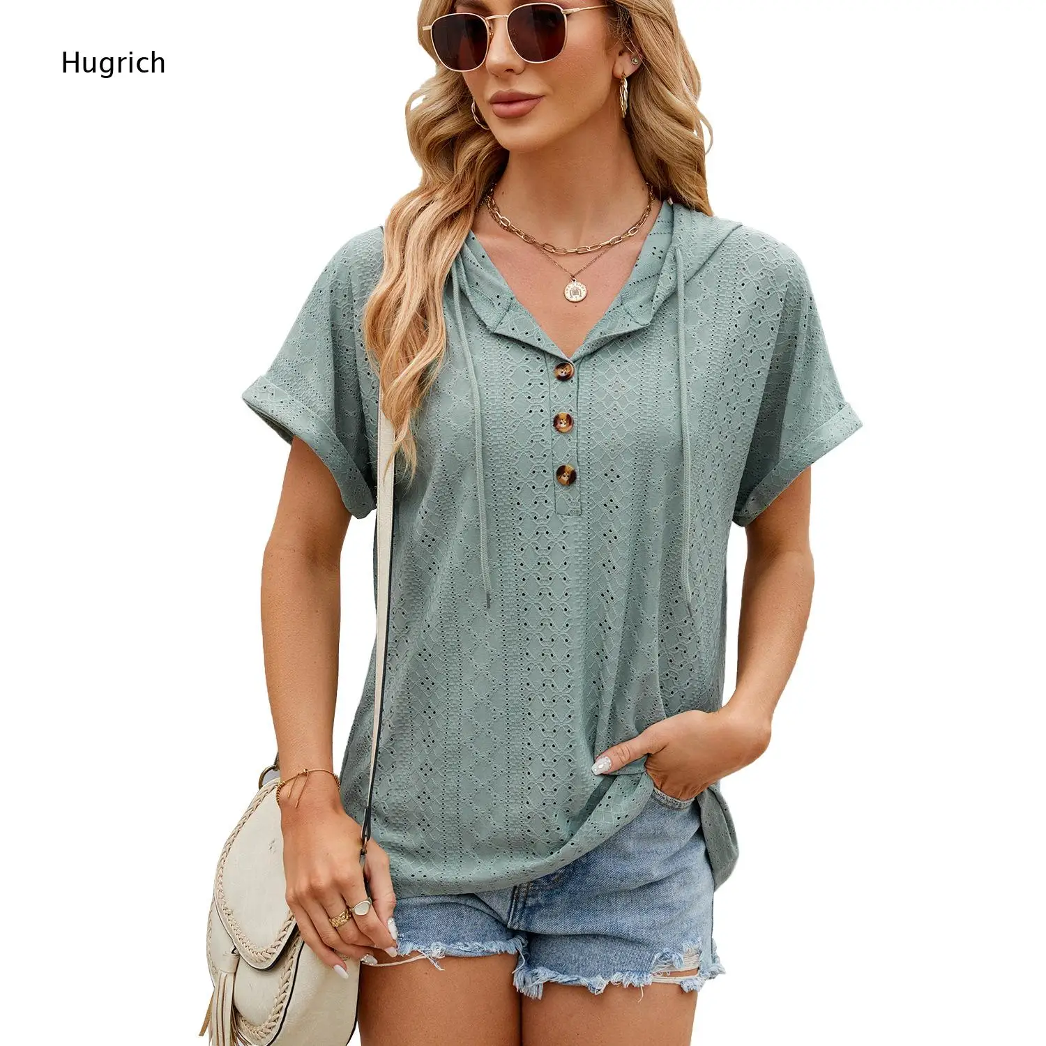 Lavender Eyelet Cutout Hooded Short Sleeve Tee For Women Drawstring Half Placket V Neck Roll Cuff Loose Summer Casual Shirt