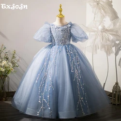 Elegant Blue Girls Dresses Piano Contest Performance Luxury Sequined Puff Sleeve For Kids Catwalk Show Birthday Party Customized