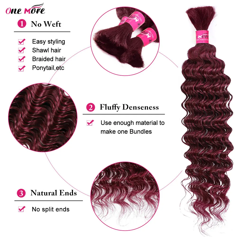 Braiding Hair Human Bulk Hair Deep Wave Bulk Human Braiding Hair for Braids Hair No Weft 99J Burgundy Human Hair Extension