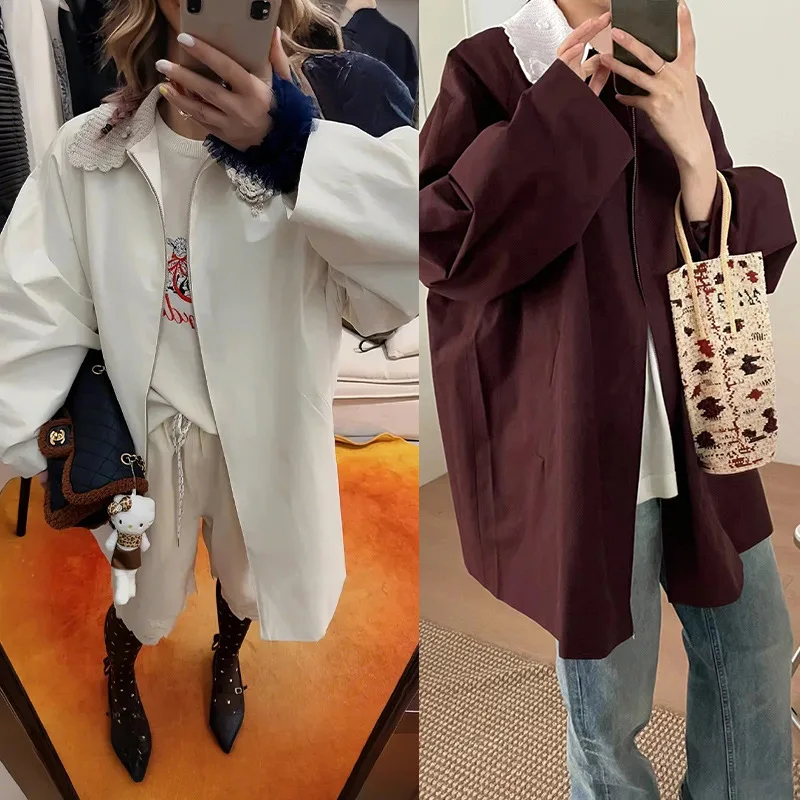 2 Colors Women's Jackets Lace Lapels Vintage Female Long Sleeve Coat  Windproof Loose Mid Long Styles 2025 Spring Women's Coat