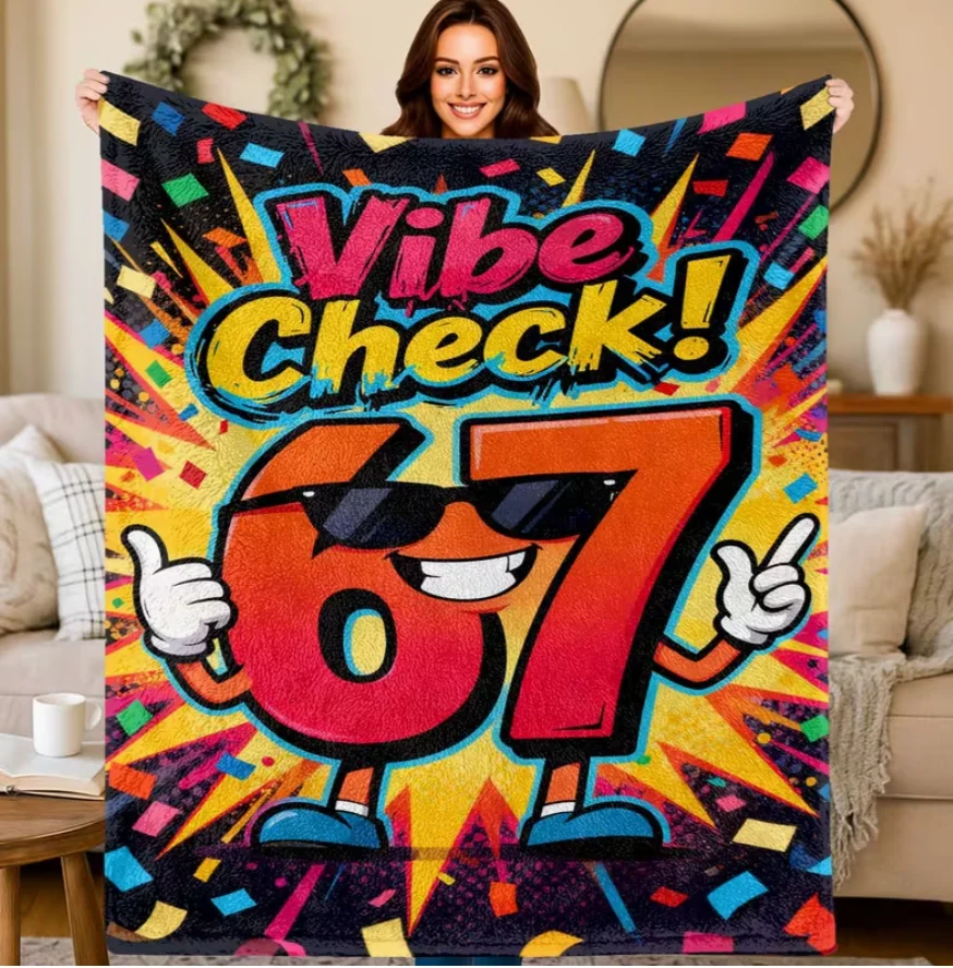 Flannel Blanket, 67 Number Item with Funny Expression 2D Printed Throw Camping Blanket Birthday/Holiday Gift Bed/Office/Tourism