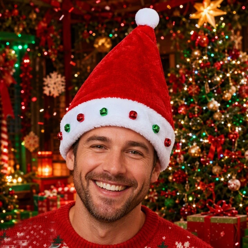 Red Knitted Holiday Headwear with Sewn Bells That Respond to Each Step at Christmas Parties and Games Y08E