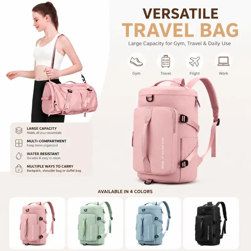 Wasserabweisender Reiserucksack mit großem Fassungsvermögen und verschiedenen Tragemöglichkeiten für Fitnessstudio, Wandern, Camping und kurze Ausflüge. – Detail 1
