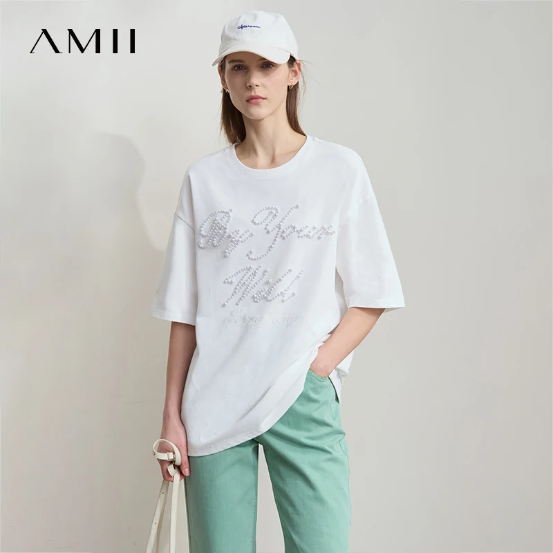Amii Top For Women Minimalist Summer New O-Neck Letter Bead Setting Craft Cotton Drop Shoulder Sleeve Casual T-shirt 12522079