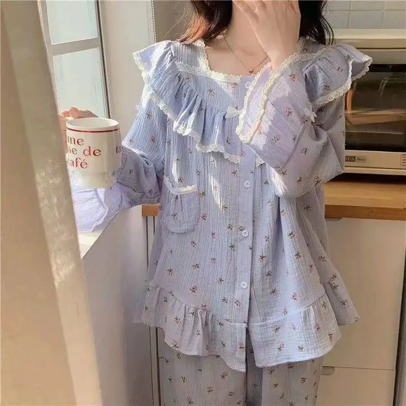 Floral Sleepwear Women Pajama Sets Ruffles Piiama Long Sleeve Pants Sets 2 Pieces Lace Night Wears Korean Autumn Home Suit New