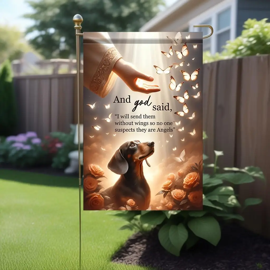 Dog Angel Garden Flag 12x18 Inch Double Sided Dachshund Pet Memorial Garden Flag Religious Butterfly Rose Outdoor Yard House zzo