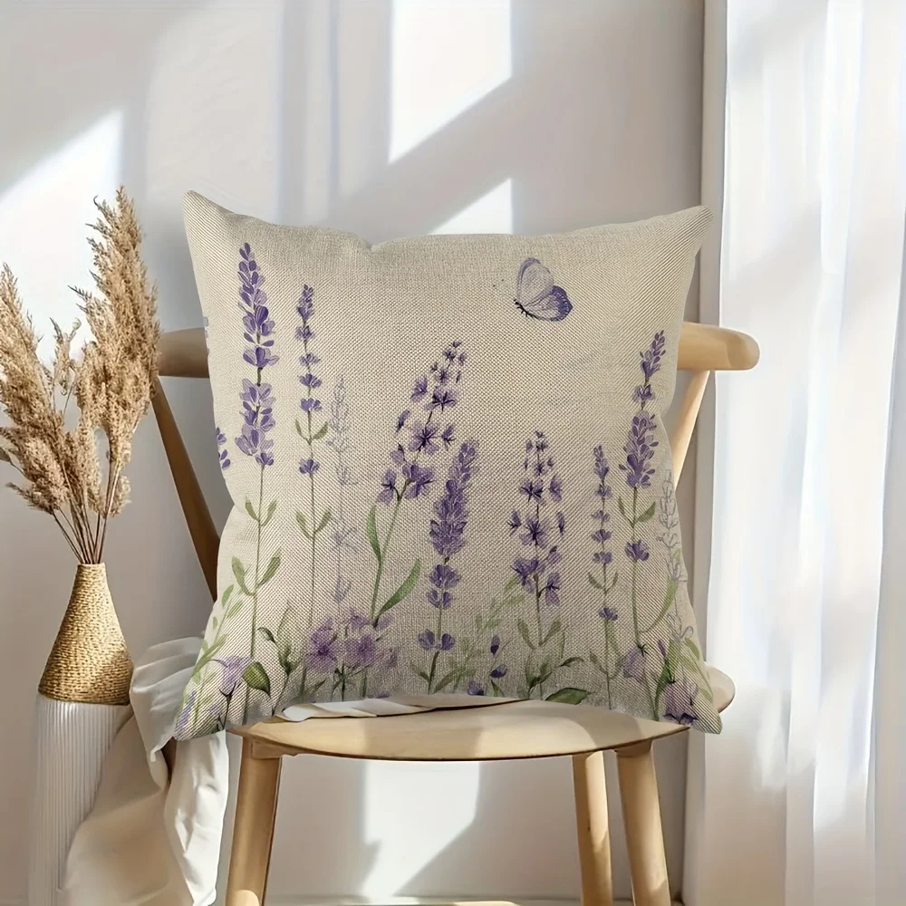 1pc Boho Floral Lavender Throw Pillow Cover 2D Double-Side Print Polyester Cushion Case for Home Sofa Car Office Outdoor Decor