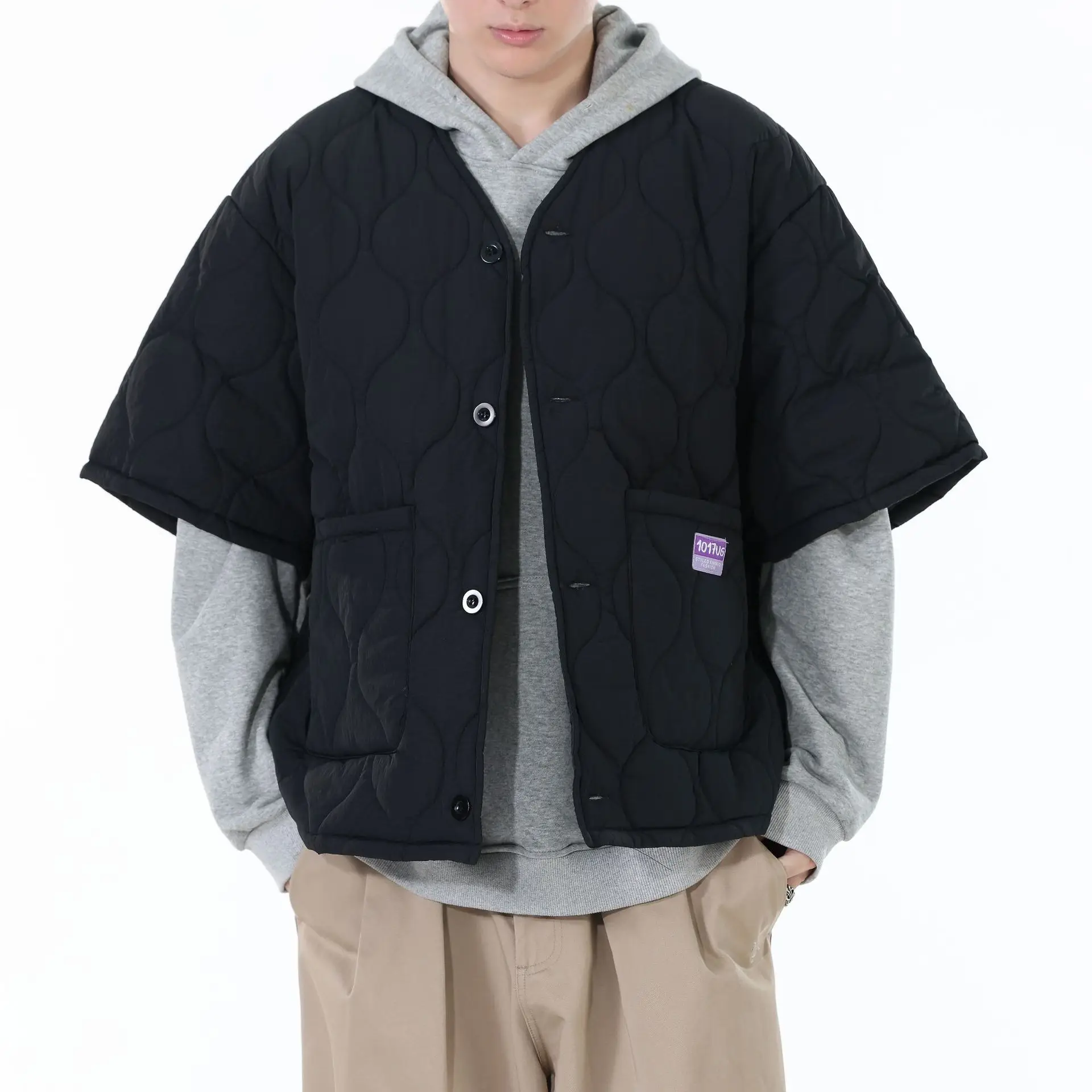 Autumn Winter Japanese Streetwear Half Sleeve Padded Jacket Harajuku Casual Mens Jacket Harajuku Thick Trendy V-Neck Coat Male