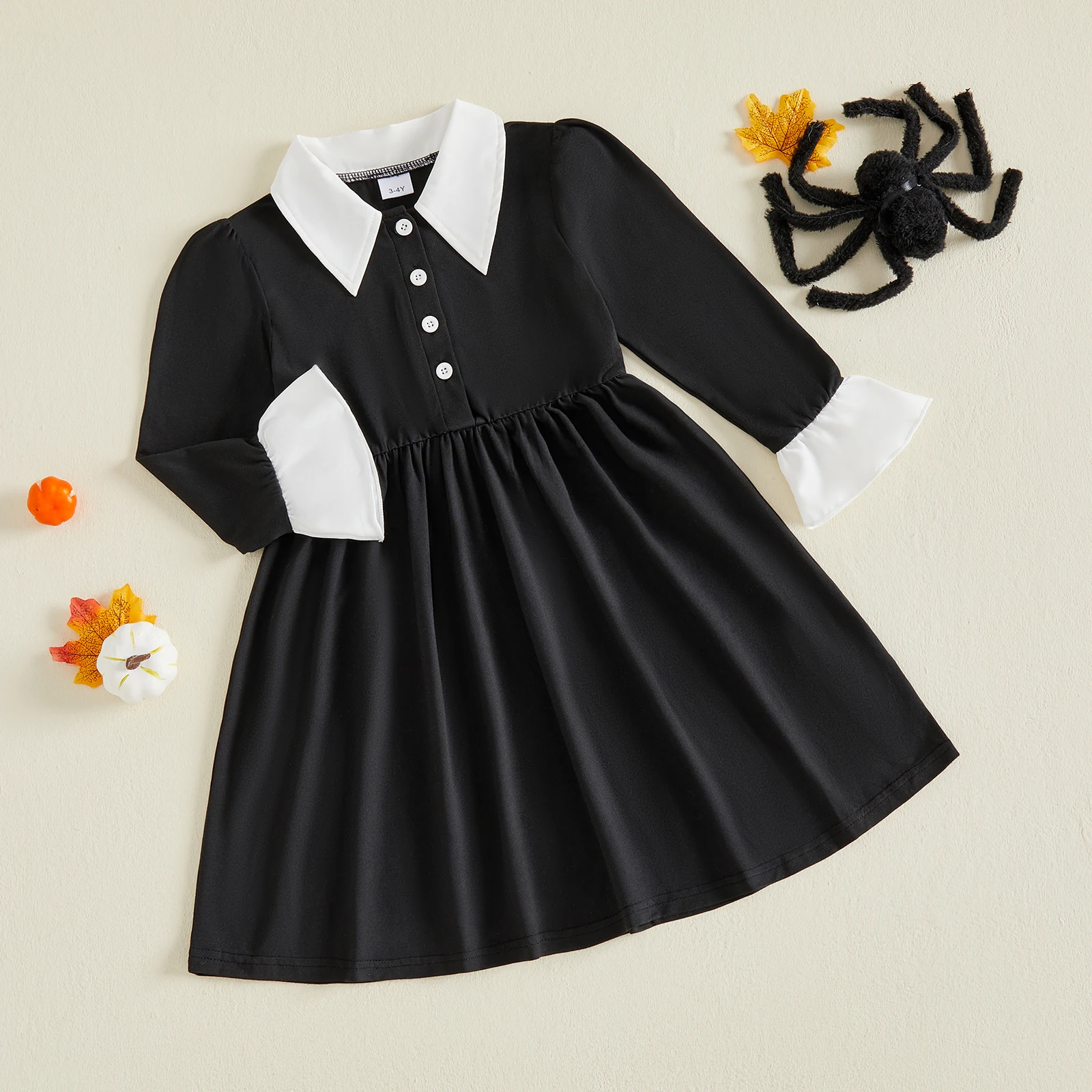 1-5Y Kids Girl Halloween Costume Long Sleeve Contrast Colors Turn-Down Collar Fall Party Dress