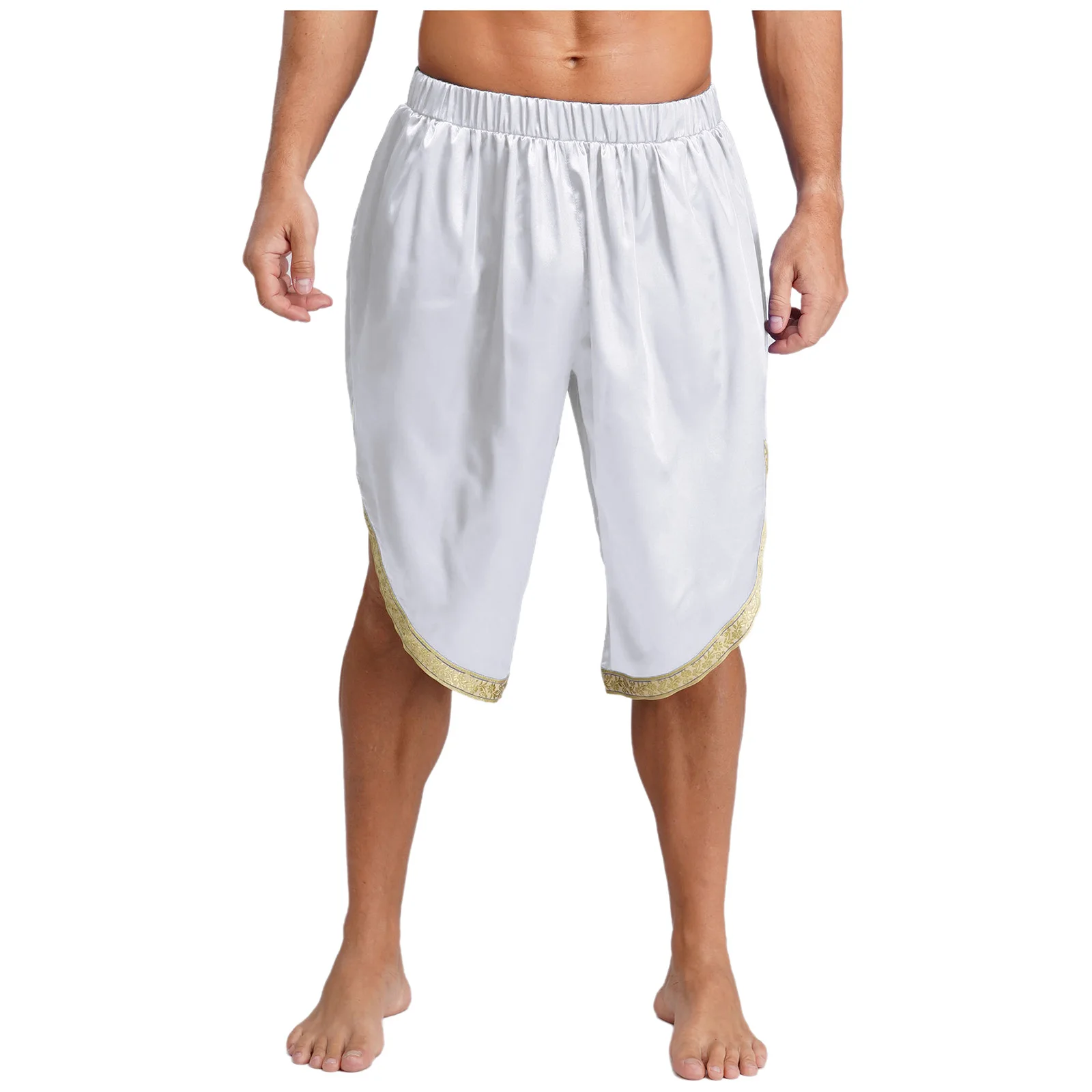 

Men Medieval Arabic Cosplay Dhoti Shorts Elastic Waistband Knee Length Satin Shorts with Pockets for Halloween Carnival Shorts