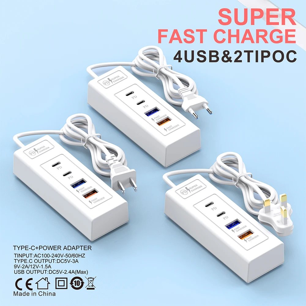 USB Multifunction Multi-port Power Strip Charger Fast Charging Charger Power Socket Plug  Adapter Mobile Phone EU US Plug Type C