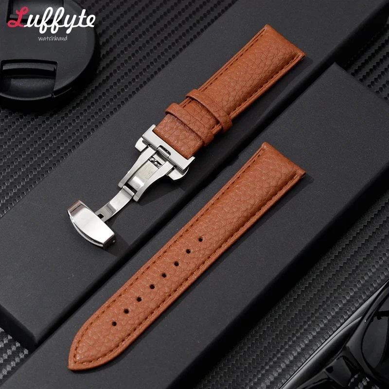 Business Casual Black Brown Leather Watch Band Strap Butterfly Buckle Litchi Grain Leather Bracelet 18mm 20mm 22mm 24mm