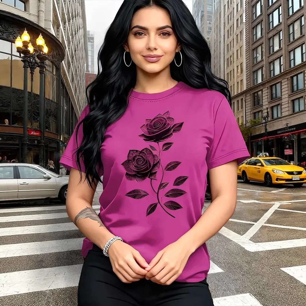 Women Vintage Rose Print T-Shirt 100% Cotton Loose Fit Versatile Casual Daily Streetwear Tee