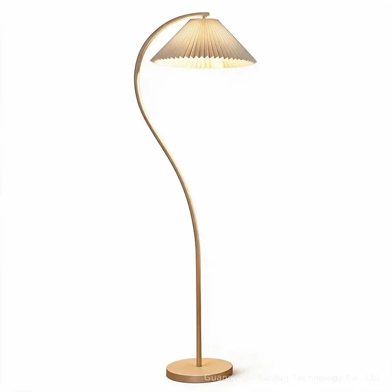 Modern Curved Floor Lamp with Fabric Pleated Shade Dimmable Warm LED Standing Light for Living Room Hotel Home Decor