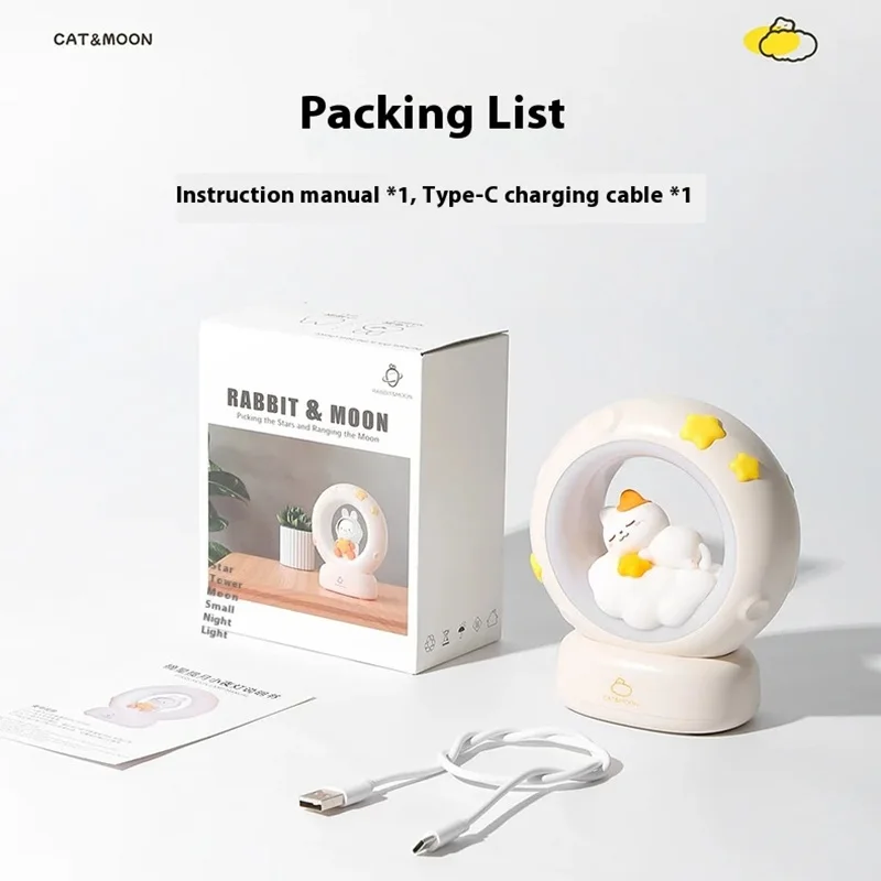 LED Adorable Rabbit Cat Night Light Bedside Decor for Rooms Ambient Lighting USB Rechargeable Bedroom Decor Sleep Aid Light