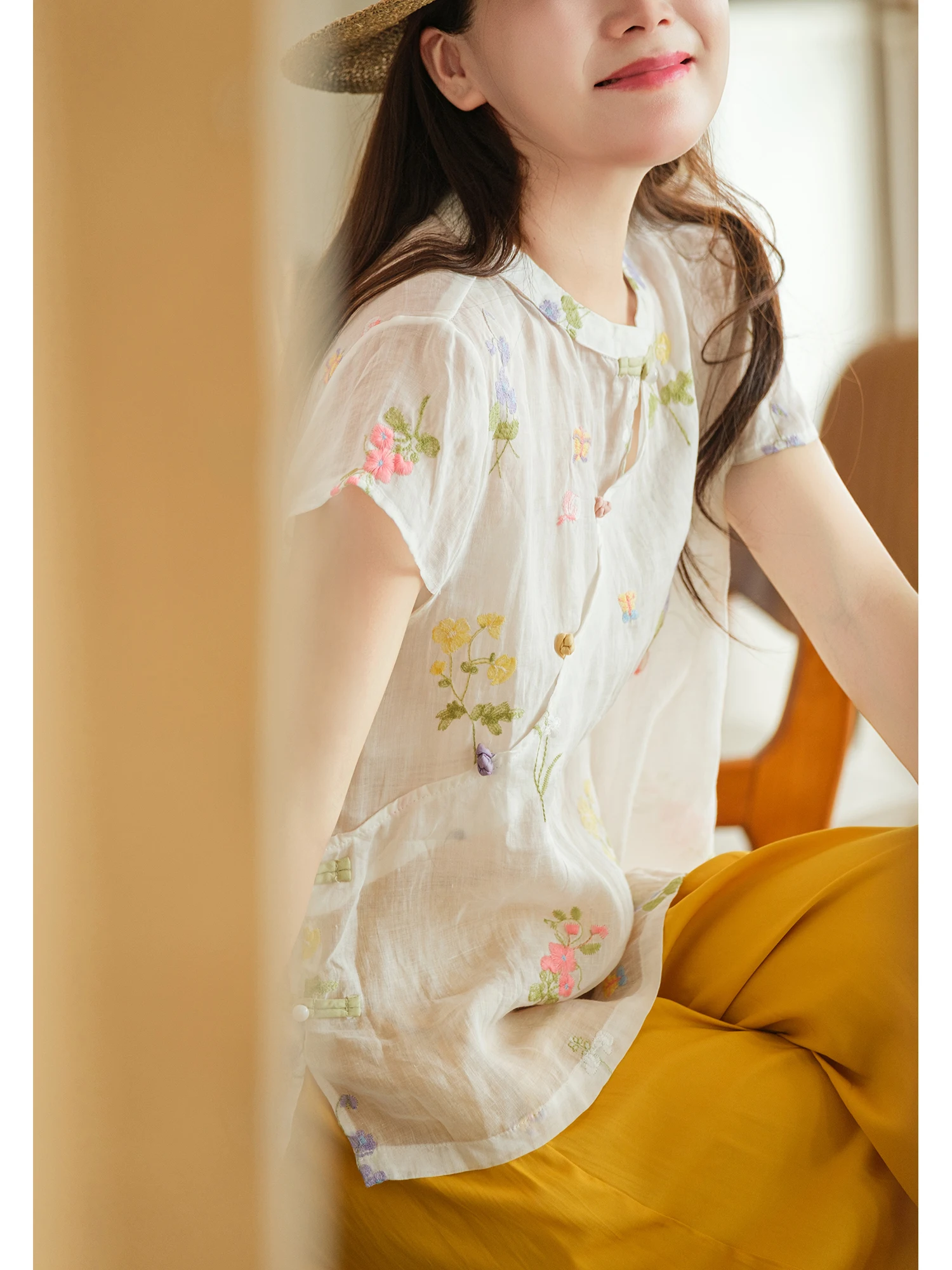 Loose Fit Embroidered Cotton Shirt Women's Casual Style Short Sleeve Drawstring Closure Regular Length Summer Thin Fabric