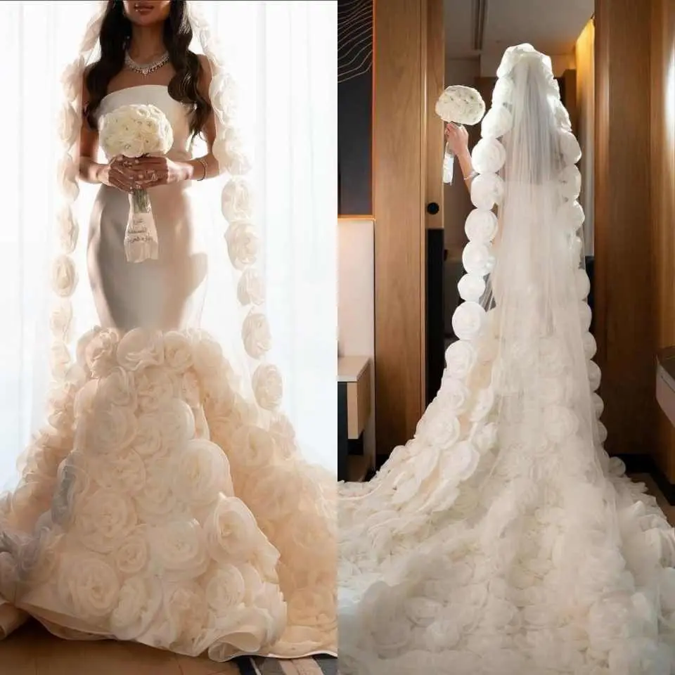 Customized Mermaid Wedding Dress Handmade Flowers Strapless Bride Dresses Sleeveless Sweep Bridal Gowns  فساتين