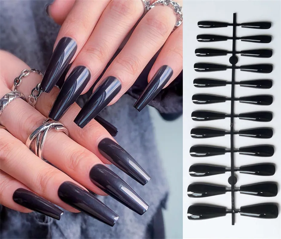 Y2k Black Gradient Press On Nails Long Ballet Reusable Nail Art Set_voghion.com