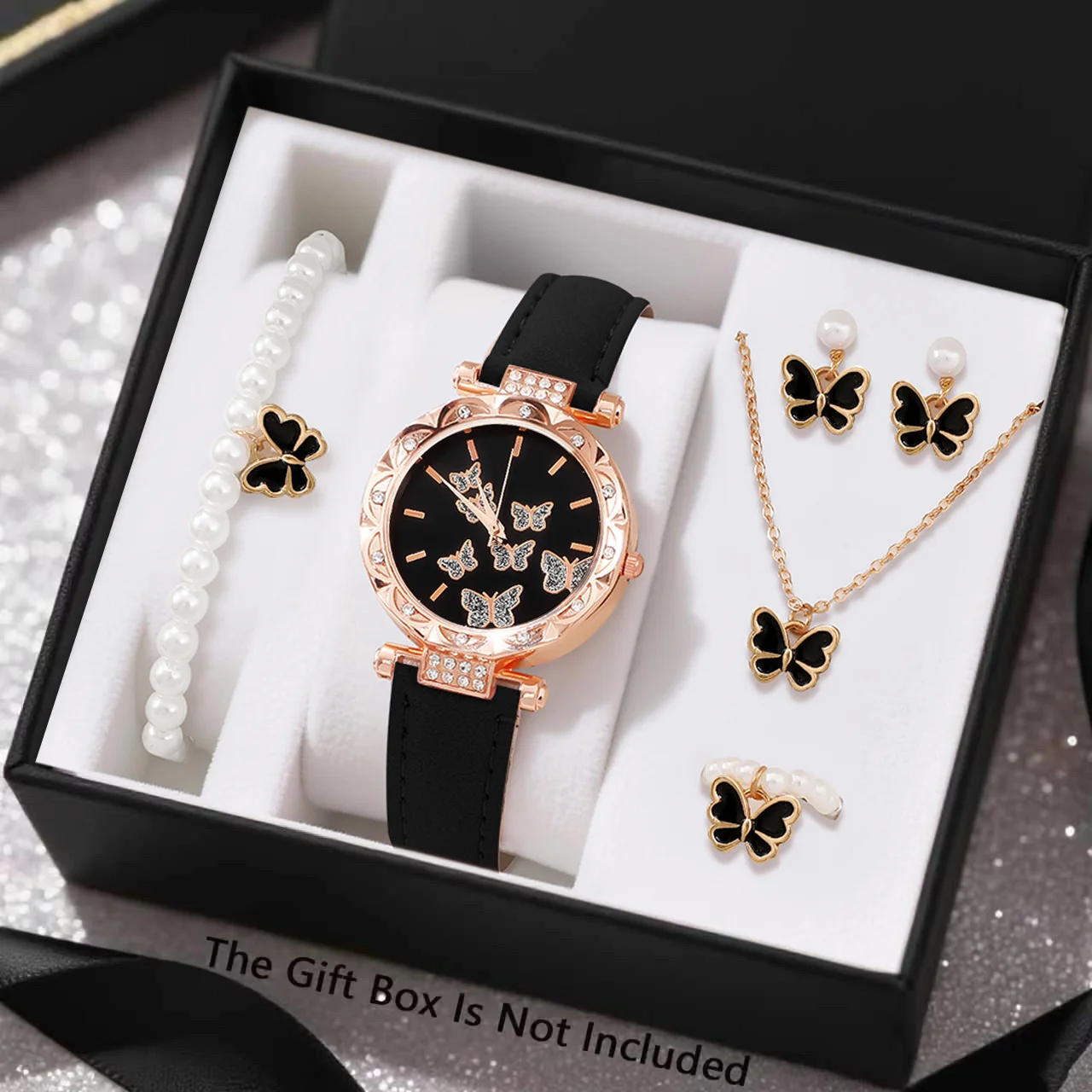 6PCS elegant ladies' round dial quartz watch with necklace and bracelet accessories set, suitable for daily wear