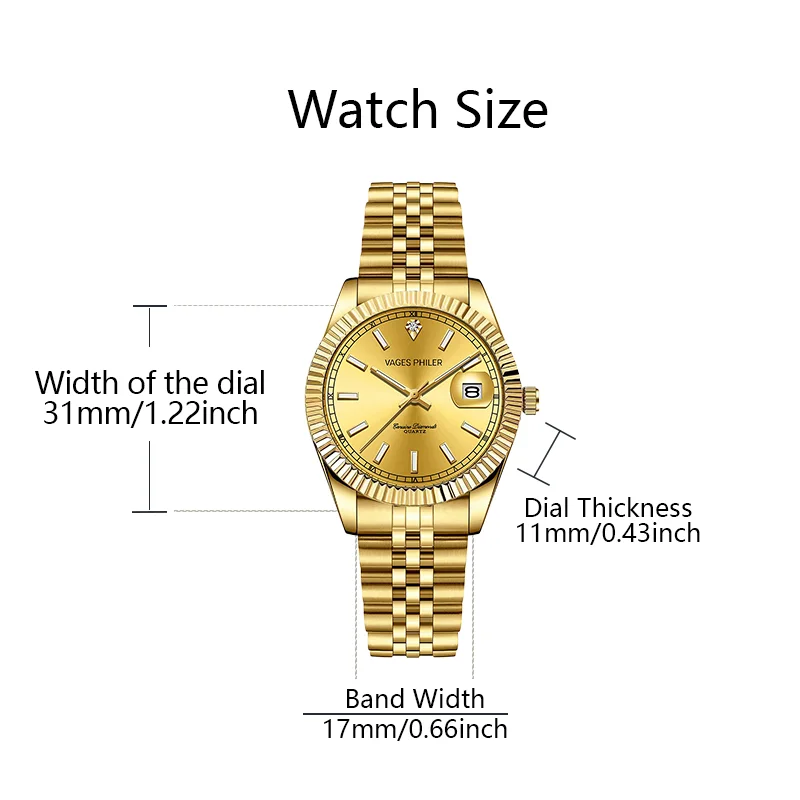 Women's quartz watch with a gold-tone stainless steel bracelet and luminescent features, ideal for business travel