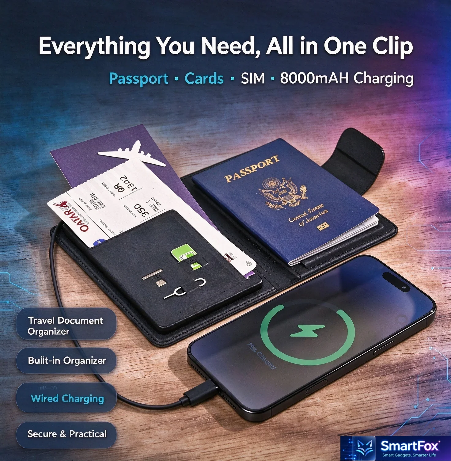 Premium Smart Passport Holder For Apple Find My Tracking, RFID Blocking Travel Wallet, Wired Charging Function, Multi Card Slots
