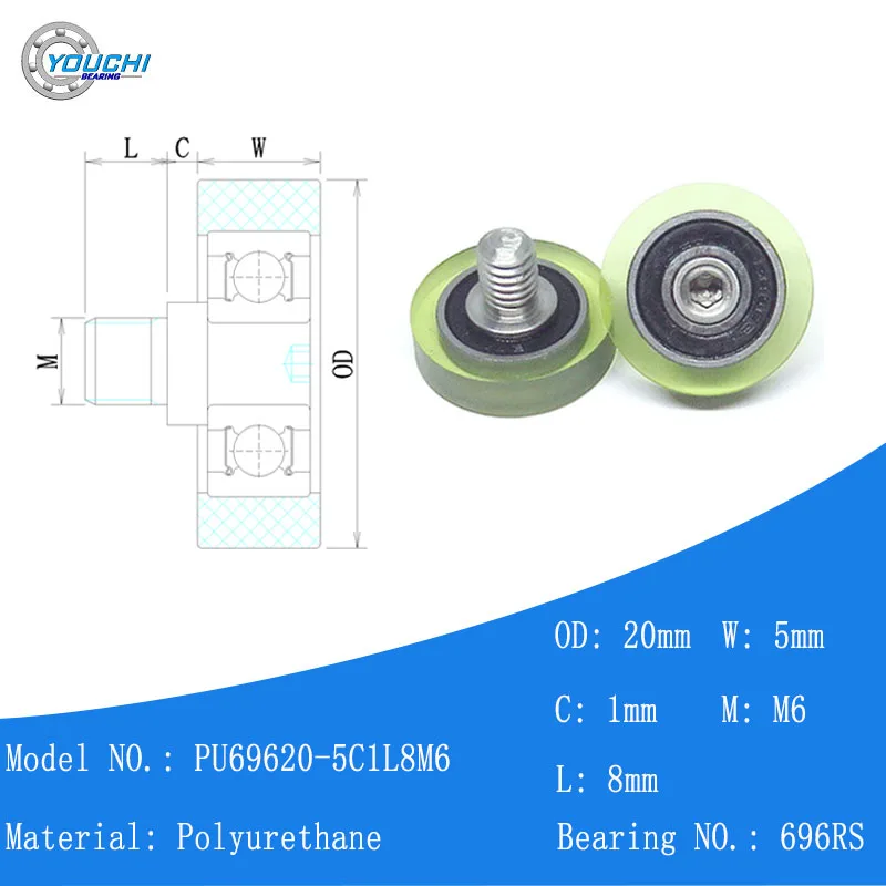 

5pcs Polyurethane Screw Drawer Pulleys 20mm PU69620-5C1L8M6 PU Metal M6 External Thread Cabinet Moving Wheel 20mm Plastic Roller
