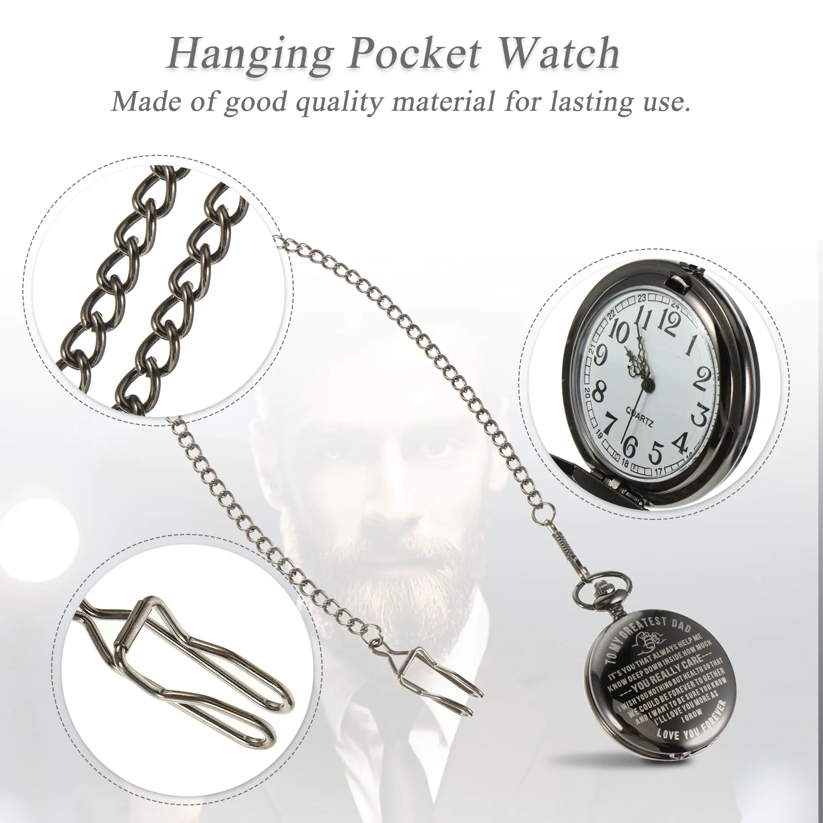 

Pocket Watch Necklace Quartz Movement Engraving Design Clear Marking Father Gift Christmas Birthday Hanging Watch
