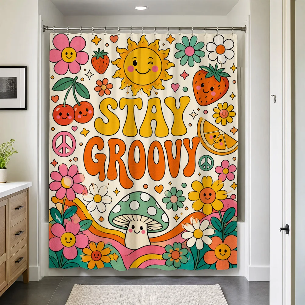 Whimsical Groovy Stay Groovy Hippie Flower Power Shower Curtain Boho Retro Bohemian Bathroom Liner Waterproof Cute Psychedelic A