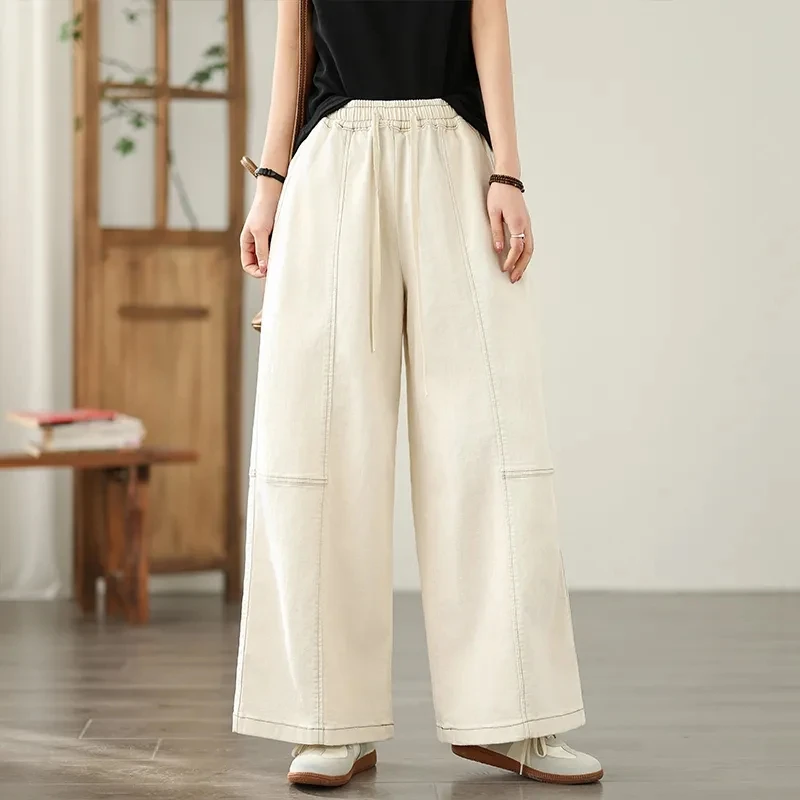 

NEW Vintage Beige Denim Pants for Women 2025 Spring Summer Elastic Waist Loose Casual Wide Leg Pants Ladies Jeans Pantalones