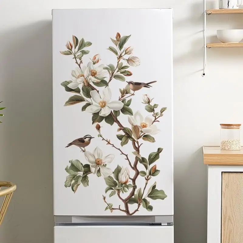 New Elegant Magnolia Refrigerator Sticker Self-Adhesive Removable Waterproof Wall Decal Kitchen Appliances Stickers Home Decor
