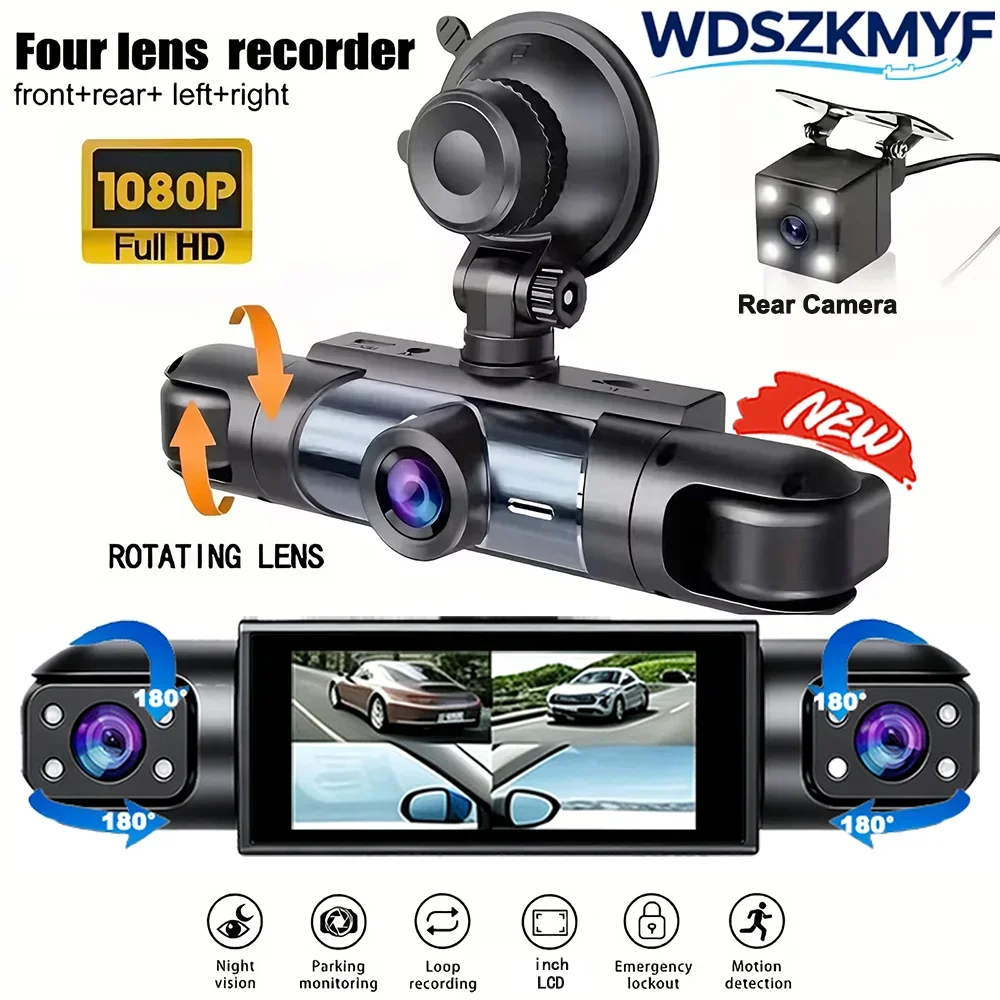 1080P HD 3/4-Kanal 360° °   Vollbild-Dashcam Auto-DVR Black Box Vorne Innen Links Rechts Hinten Nachtsicht 24H Parkmodus