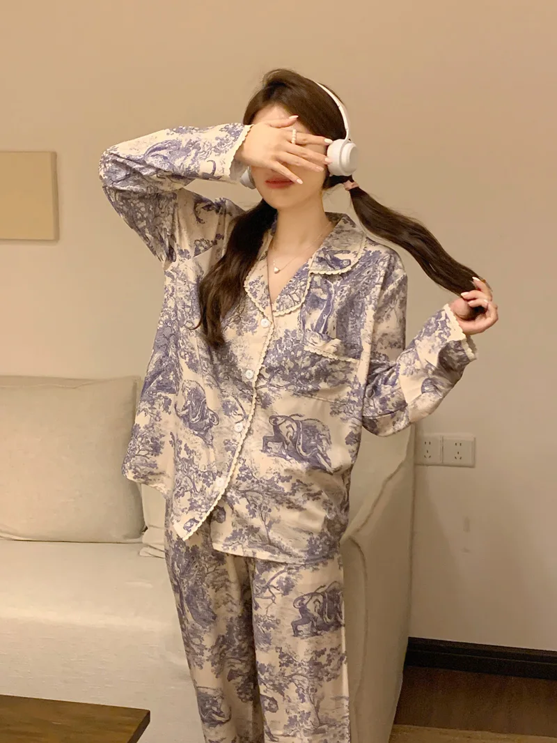 Vintage Totem Pattern Autumn Pajamas Set Women Single Breasted Shirts + Trousers Cotton Casual Sleepwear Lace Elegant Home Suit