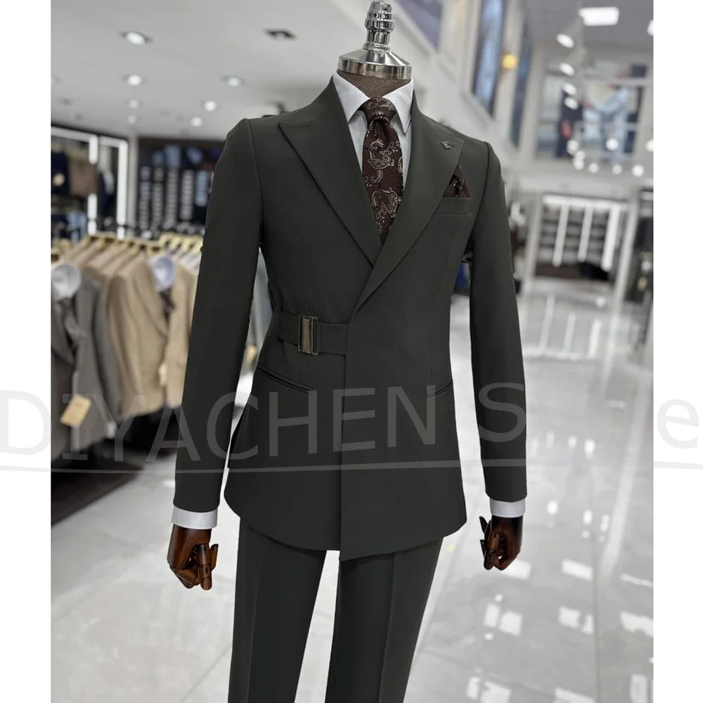 

Fashion Men Suit 2 Piece Outfit With Waist Belt Design Slim Fit Elegant Formal Business Wedding Party Tuxedo Blazer and Pants