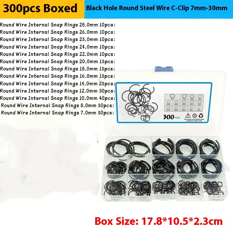 

300PCS Metric 7-30MM Round Wire C-Clips Internal Snap Rings Assortment Kit For Hole Black-Finish Steel Accessories