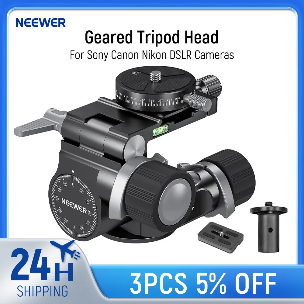 NEEWER 2 Way Geared Tripod Head with Millimeter Micro Adjustment, 360° Panoramic Arca QR Plate For Sony Canon Nikon DSLR Cameras