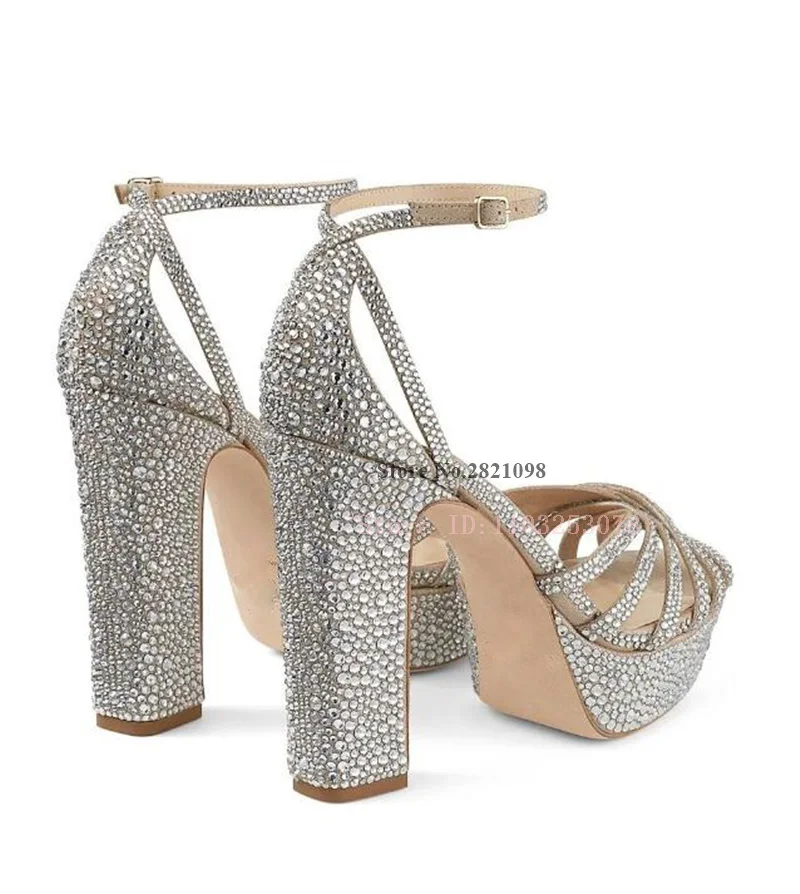 120Mm Studded Platform Sandals Silver Tone Suede Leather Crystal Ankle Wrap Decor Open Toe Summer Dress Shoes