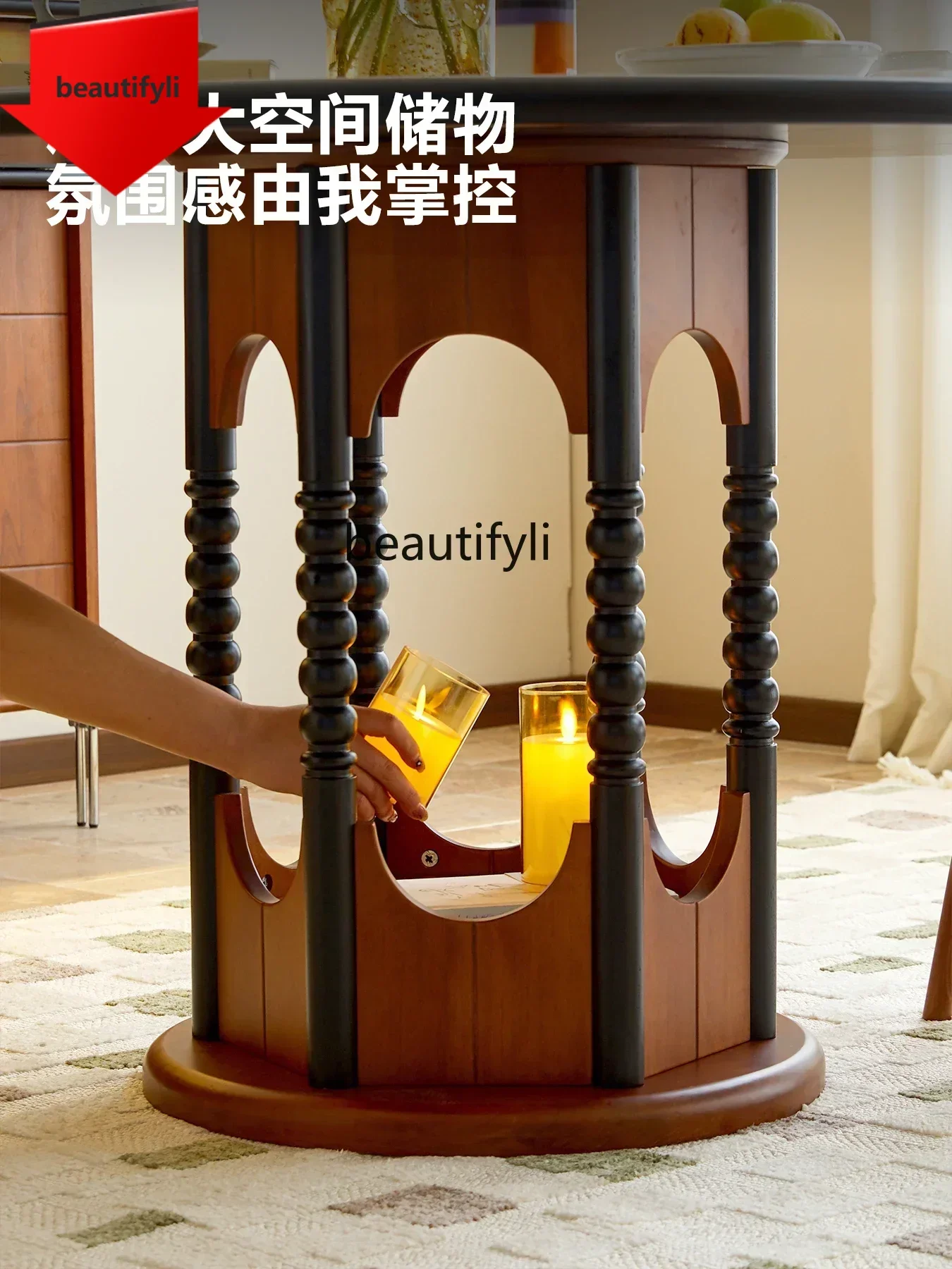 

Q181 French dining table and chair combination round dining table antique travertine rock slab table retro home